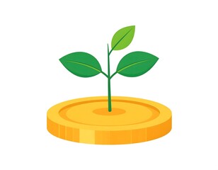 Green plant sprouting from golden coin base in vector illustration, symbolizing eco investment, sustainable growth, and environmental financial concepts on white background
