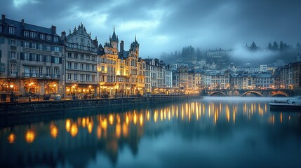 Obraz premium Cityscape at dusk with a river reflecting lights.