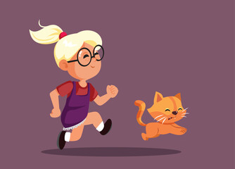 Funny Girl Chasing a Little Cat Vector Cartoon Illustration. Kid making a kitty anxious by following her and running trying to catch it  © nicoletaionescu