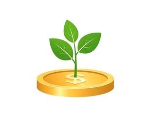 Green plant sprouting from golden coin base in vector illustration, symbolizing eco investment, sustainable growth, and environmental financial concepts on white background
