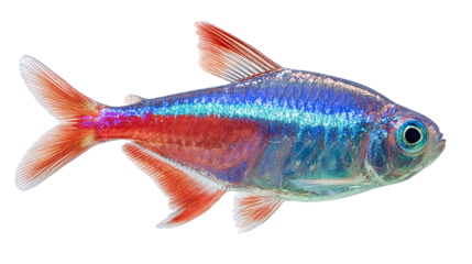 Glowing neon tetra fish, shiny scales and blue-red strip in aquarium theme. Isolated on transparent background 