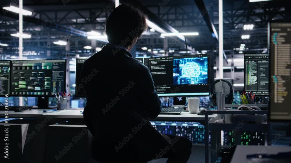 Poster data center software developer using computer to monitor neural network ai llm visualization. worker