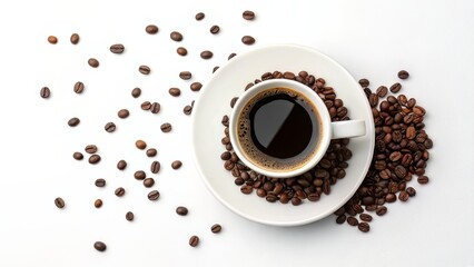 Obraz premium Overhead Coffee Scene with Beans and Cup on White Space for Minimal Breakfast Visuals