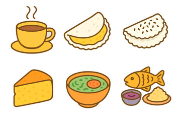 Cartoon pastel icons of Brazilian breakfast and regional dishes: café, tapioca, beiju, bolo de milho, caldo verde, and fried fish with açaí.