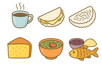 Hand-drawn food icons of classic Brazilian meals in soft cartoon style. Perfect for UI kits, food platforms, and cultural vector sets.