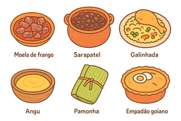 Traditional Brazilian meals in soft cartoon style: poultry, corn dishes, and hearty stews. Great for food apps, stock, or cultural design kits.

