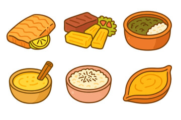 Cartoon pastel icons of regional Brazilian foods: pirarucu, carne de sol, maniçoba, mingau, canjica, and vatapá. Clean lines and transparent background.