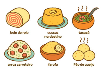Brazilian cuisine cartoon icons with clean outlines and regional flavor. Perfect for stock, UI, or cultural food projects.