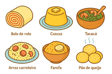 Cartoon icons of traditional Brazilian foods: bolo de rolo, cuscuz, tacacá, arroz carreteiro, farofa, and pão de queijo. Soft pastel tones, no background.