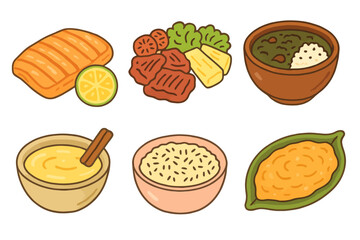 Colorful food icons of traditional Brazilian dishes in cartoon style. Ideal for culinary UI, cultural vector packs, and stock illustrations.