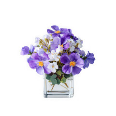  cute little miniature flower arrangement with purple flowers on white background