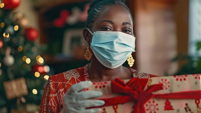 A woman wearing a mask and holding a present, celebrating Christmas despite the pandemic.