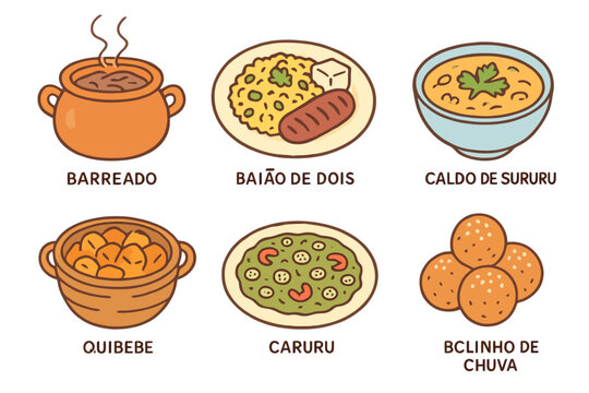 Cartoon icons of Brazilian dishes: barreado, bai&atilde;o de dois, sururu, quibebe, caruru, and bolinho de chuva. Colorful, hand-drawn, and background-free.