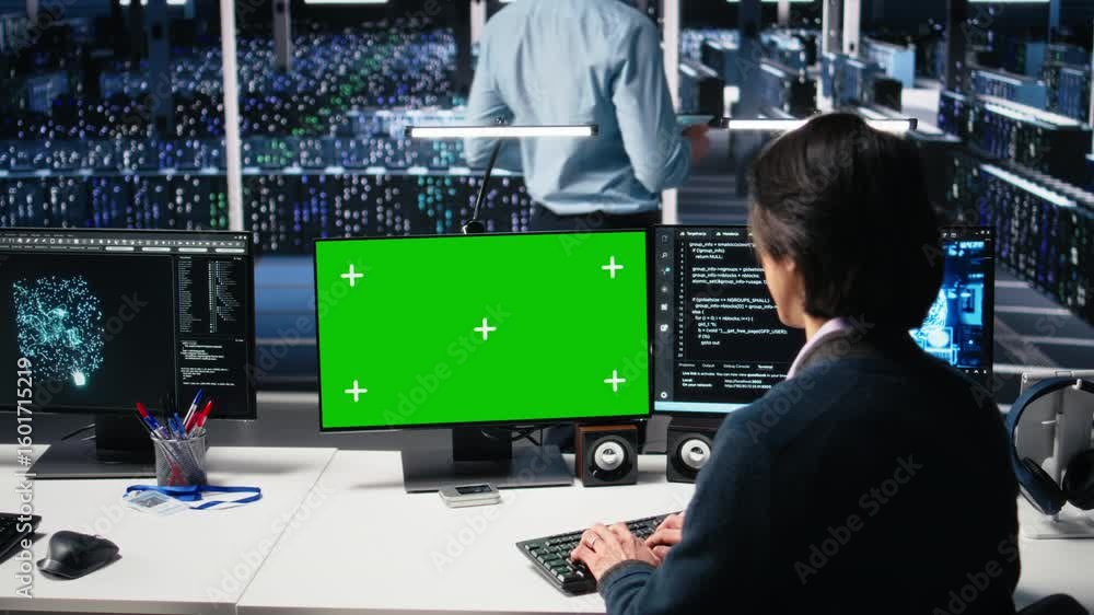 Fototapete data center software developer managing ai systems for uptime and efficiency using green screen pc. 