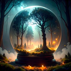 Fantasy terrarium featuring miniature haunted forest scene under glass dome with eerie lighting and fog, symbolizing magic, nature, and surreal mystery
