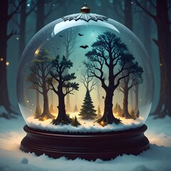 Fantasy terrarium featuring miniature haunted forest scene under glass dome with eerie lighting and fog, symbolizing magic, nature, and surreal mystery