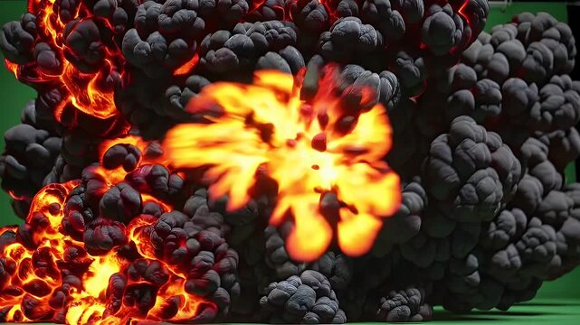 Towering column flame erupts vibrant key green footage engineered blockbuster compositing refreshed headline highlights ultra slow motion K detail shockwave realism cinematic destruction utility