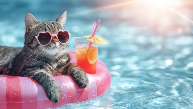 Relaxed tabby cat in pink sunglasses, floats on a pool floatie, enjoying a drink