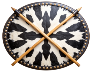 Zulu shield with crossed spears and cowhide pattern, isolated on a transparent background
