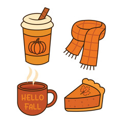 Flat cartoon illustration of autumn essentials pumpkin drink, scarf, hot coffee, and pumpkin pie. Ideal for seasonal design and cozy fall vibes.