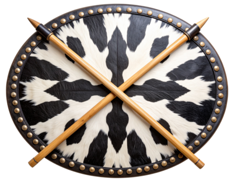 Zulu shield with crossed spears and cowhide pattern, isolated on a transparent background