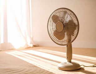 Electric Fan in a Bright Room with Sunlight, Creating a Cool and Relaxing Atmosphere