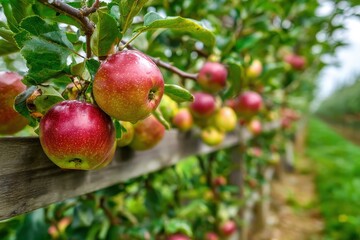 Apple grove Tiny young apples on a wooden trellis Growers