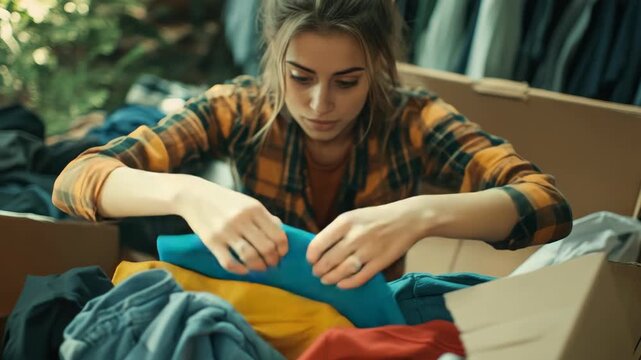 A woman in a plaid shirt organizing clothing in a cardboard box, with stacks of folded jeans and t-shirts visible.