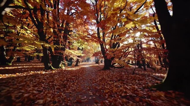 Autumn trees arch glowing hallway where golden leaves drift creating vivid pathway colour updated title points to loopable K timelapse magic uplifting palette seasonal atmosphere perfect thanksgiving