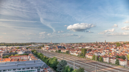 Aerial timelapse of Brussels North station railway tracks with trains arriving and departing....