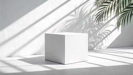 White display cube casting shadows on blank backdrop?ideal for showcasing 3D products or clean branding