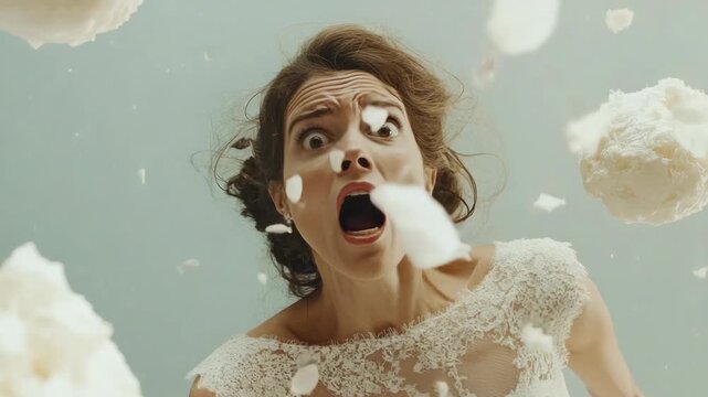 Surprised bride's reaction to wedding guests throwing popcorn, looking shocked and flustered.