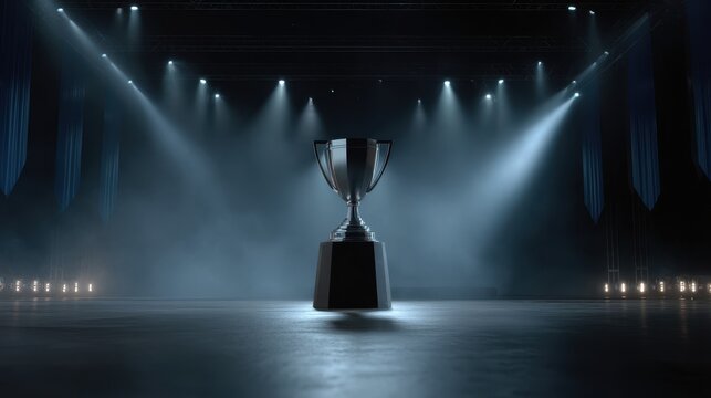 Geometric trophy cup on esports stage with spotlights and atmospheric lighting