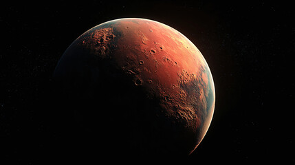 A stylized 3D Mars slowly rotates on its axis, highlighted by cinematic lighting, showing detailed red desert terrain and craters against a dark space backdrop Isolated on transparent background 