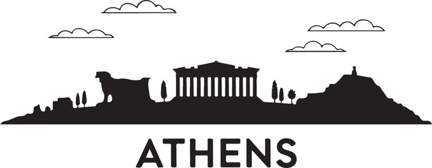 Fototapeta premium Athens Skyline Silhouette Vector — Parthenon and Acropolis in Black