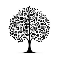 Vector icon of a tree made of digital and media symbols, representing knowledge growth and technology integration.
