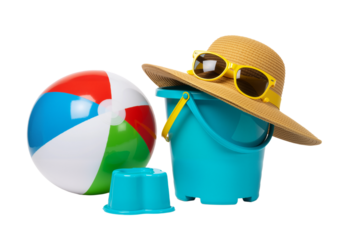 Beach Fun: A beach ball, pail, sun hat, and sunglasses creates a joyful and vivid summertime setting.