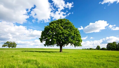 Lush green field with a large tree under a partly cloudy sky