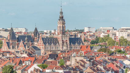 Aerial view of Schaerbeek Town Hall timelapse in Brussels, Belgium.