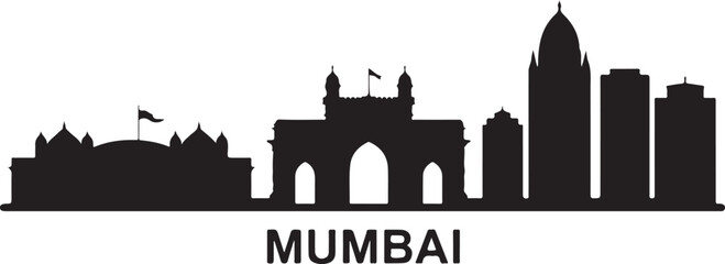 Mumbai skyline silhouette vector in black with Gateway of India and high-rise buildings