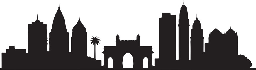 Mumbai skyline silhouette vector in black with Gateway of India and high-rise buildings