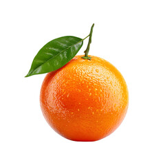 A single ripe orange with a green leaf and water droplets isolated on transparent background