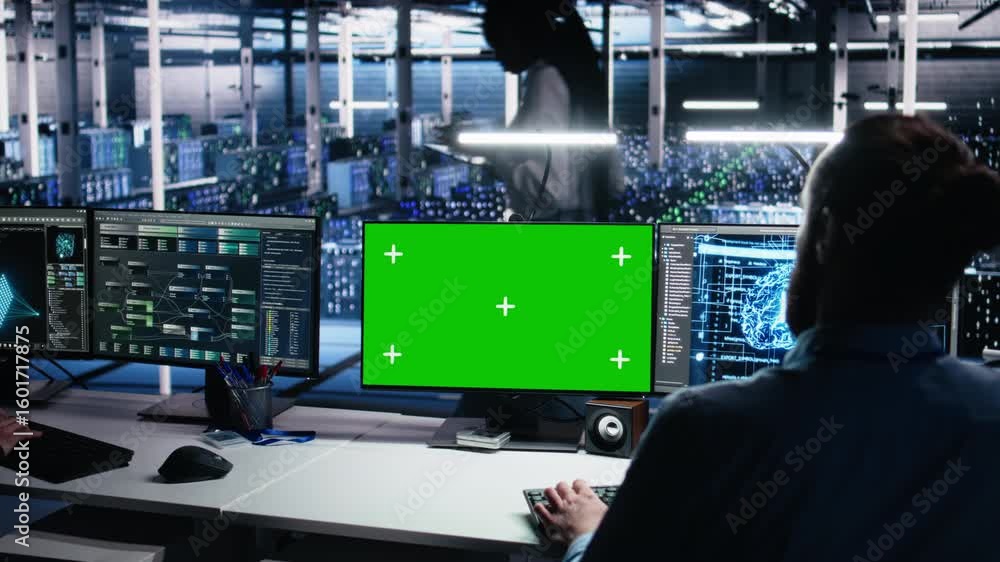 Poster data center engineer using green screen pc to monitor neural network using ai. it expert at work usi