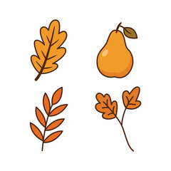 Cute autumn icons featuring oak leaves, fall branches, and a yellow pear. Great for seasonal illustrations and decor.