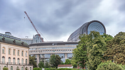 Buildings in Brussels European Quarter timelapse with the European Parliament