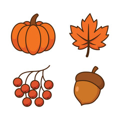 Set of cute fall icons pumpkin, maple leaf, berries, and acorn. Ideal for seasonal projects.