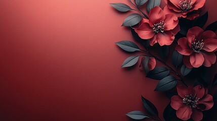 Red flowers with dark leaves on red background