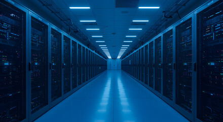 Long blue server room with racks and lights