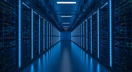 Illuminated server room hallway with rows of data racks