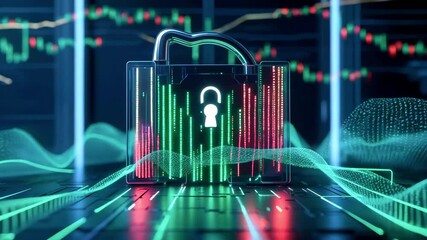 Digital lock symbolizing cybersecurity with data streams and stock market graphs in the background - Powered by Adobe